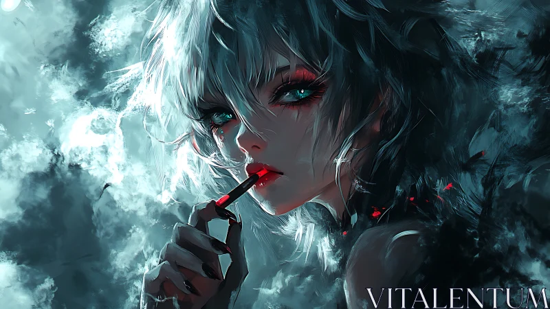 Nocturnal femme silhouette with crimson cosmetic accent.