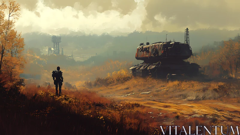 Lone wanderer crossing autumn wasteland toward rusted mech.