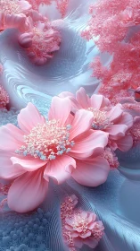 Dreamy pink blossoms drift softly across icy blue waves