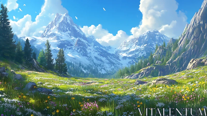 Alpine meadow spreads beneath towering snowcapped peaks.