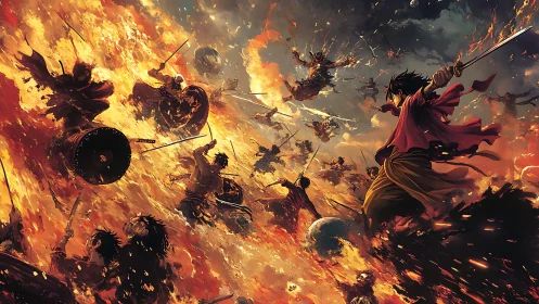 Volcanic sky duel with cascading swords and burning warriors.