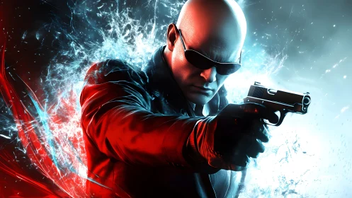 Bald action hero in sunglasses aiming gun, dramatic digital art.