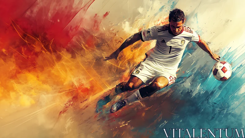 Digital painting depicts football player mid-air with ball