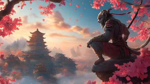 Anthropomorphic warrior observing multi-tiered pagoda complex.