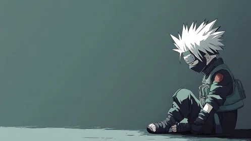 Solitary masked ninja seated against muted teal wall