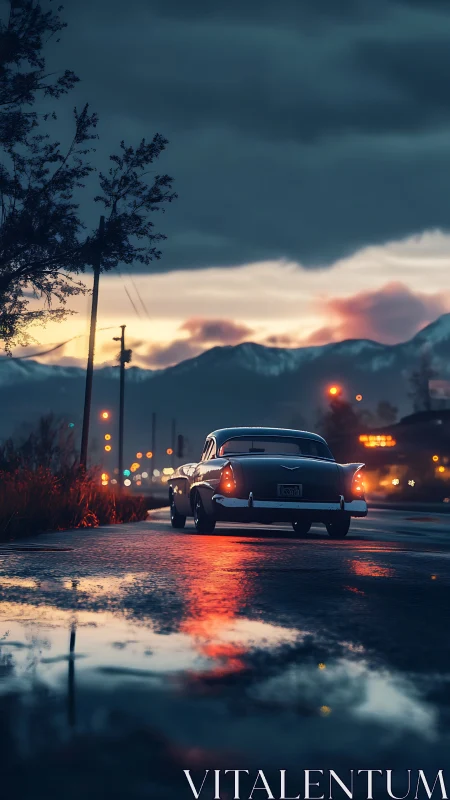 Classic car waits on wet mountain highway at blue hour
