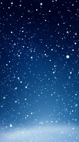 Silent snowflakes drifting through deep midnight blue sky.