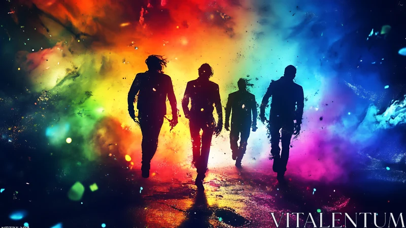 Bold silhouettes stride through a swirling rainbow dreamscape