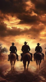 Triangular cowboy formation rides toward high-contrast sunset
