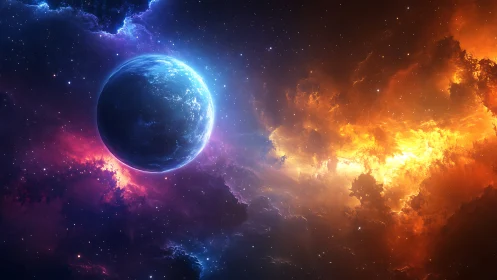 Cold blue planet drifts between nebular fire and violet hush