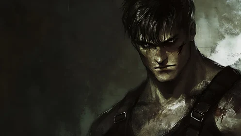 Brooding scarred warrior emerges from smoky shadows in silence.