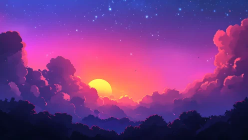 Dreamy sunset clouds glowing under a sparkling sky.