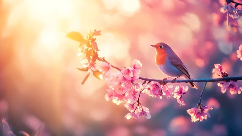 Small bird perches on flowering branch in diffuse warm light