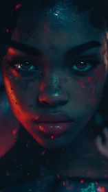 Close portrait shows stylized face under red and teal light