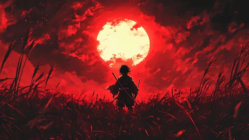 Backlit lone swordsman silhouetted against high-contrast red moon