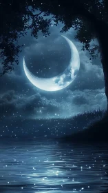 Luminous crescent moon over nocturnal lake in digital painting.