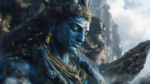 Divine blue deity rendered in ornate mountain serenity.