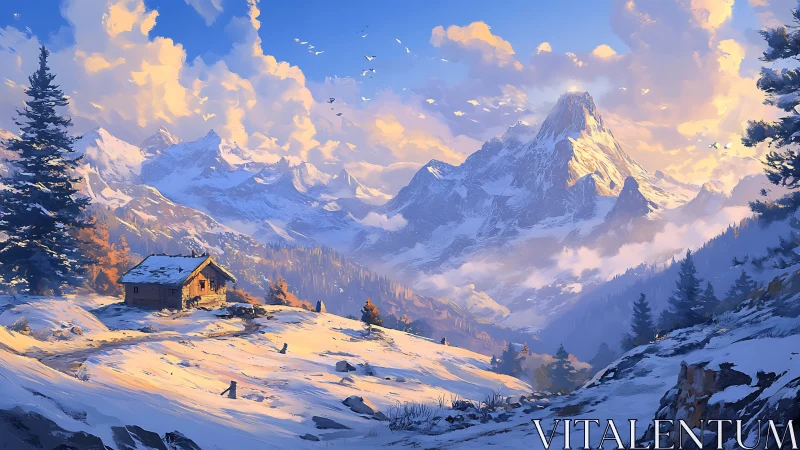Snow-covered mountain valley with cabin under clear sky.