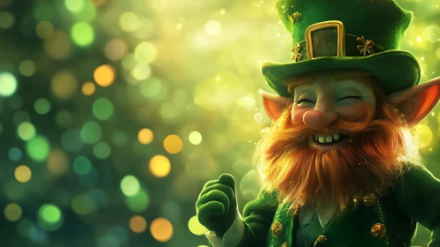 3D leprechaun portrait with luminous bokeh field background.