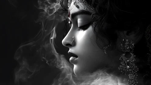 Profiled goddess in smoke with ornate silver adornments.