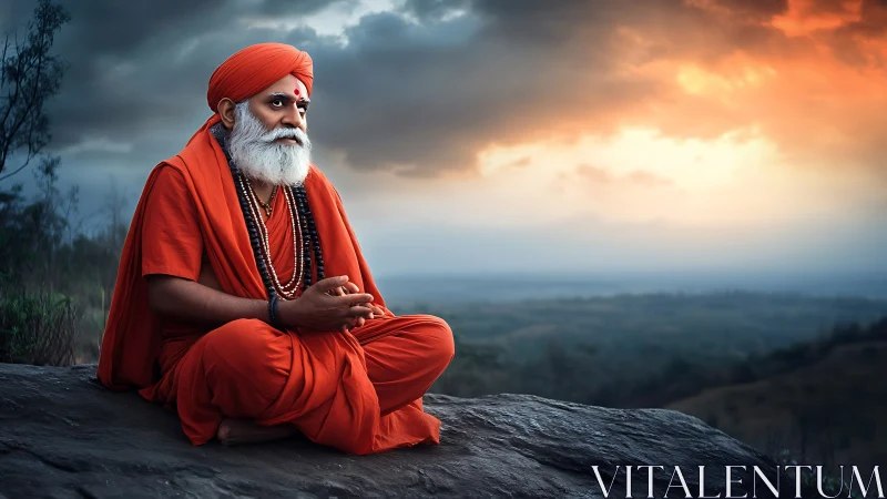 Elderly monk in orange robes under dramatic sunset sky, contemplative