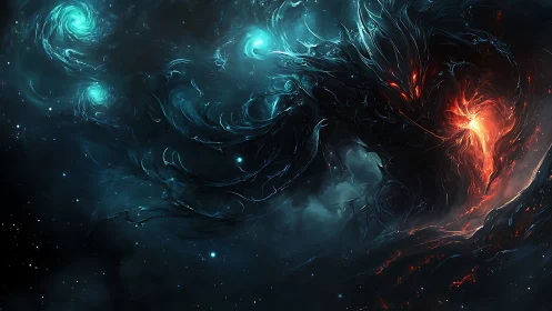 Cosmic shadow entity bends nebular light into burning core