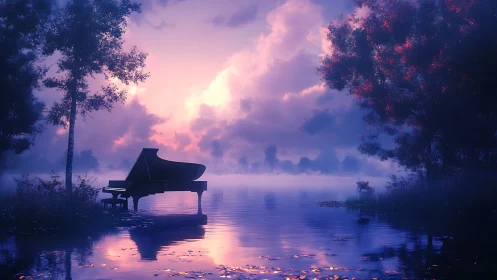Twilight piano drifts on misty lake beneath luminous clouds.