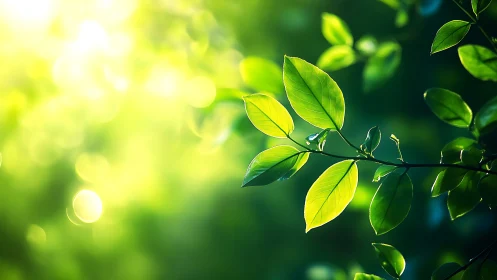 Sunlit Green Leaves Close-up with Soft Bokeh Background.