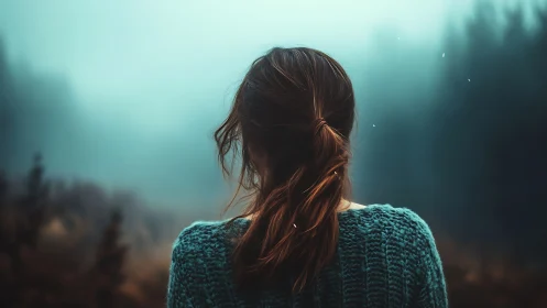 Solitary woman contemplates a misty forest in silence