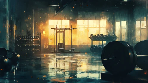 Moody industrial gym glows with warm sunrise determination