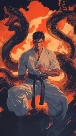 Karate warrior kneels in ember storm with twin shadow serpents.
