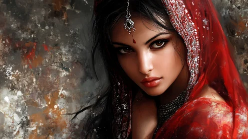 Digital portrait of woman in red veil with jeweled adornment.