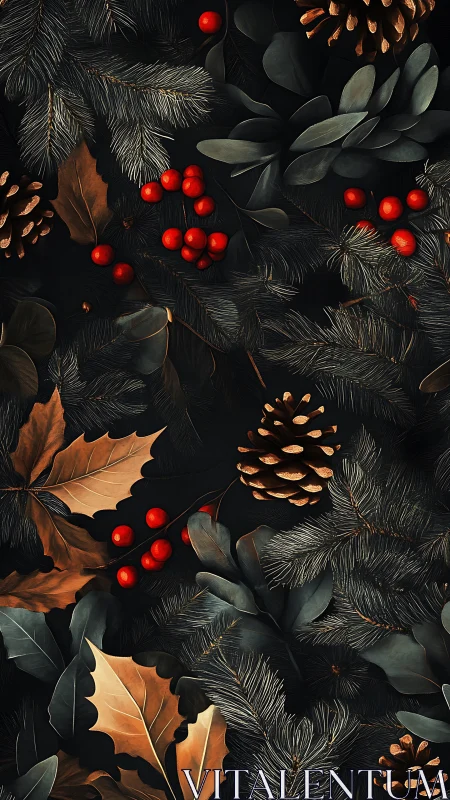 Festive pine foliage with berries on deep moody backdrop.