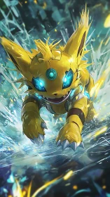 Electric cyber fox sprints forward with glowing blue eyes