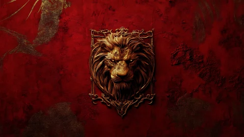 Regal lion emblem blazing against crimson textured wall.