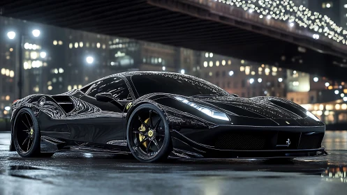 Midnight black supercar under city bridge lights gleaming.