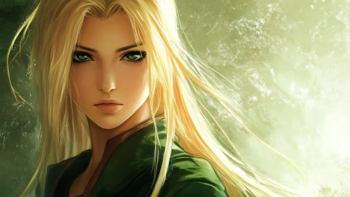 Intense green-eyed heroine rendered in luminous anime portrait