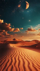 Crescent moon over glowing desert dunes at twilight.