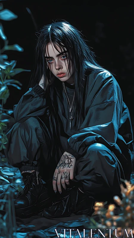 Nocturnal streetwear portrait with moody cyan rim lighting.