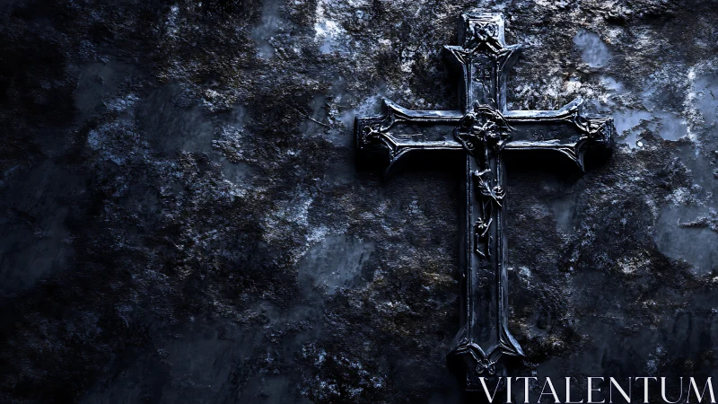 Weathered metal crucifix against dark textured stone wall.