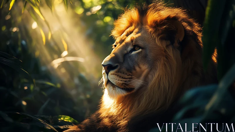 Sunlit lion portrait amid dense jungle foliage at dusk.