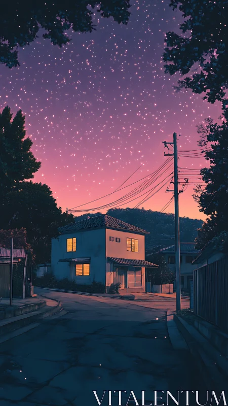 Twilight rural street with illuminated house under dense starfield