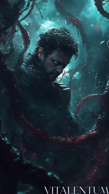 Cinematic cyber-dark portrait with bioluminescent crimson tendrils