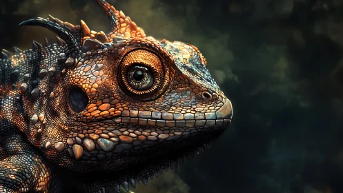 Copper-scaled dragon lizard studies the stormy twilight air