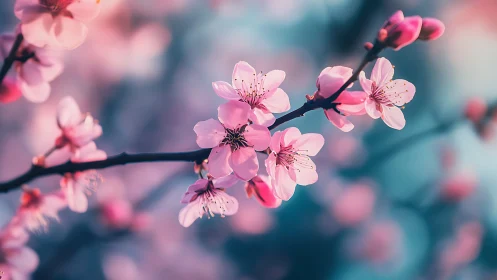 Pink cherry blossoms on branch with selective focus photography.