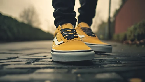Yellow street sneakers on wet cobblestone pavement at dusk.