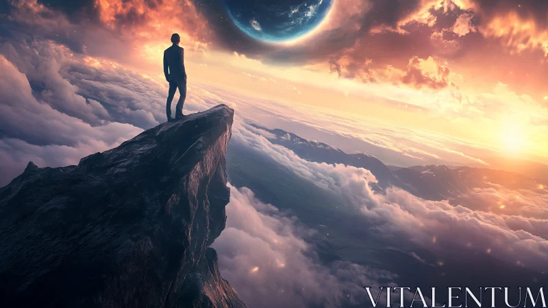 Lone figure contemplates alien sky from a cloudlit cliff.