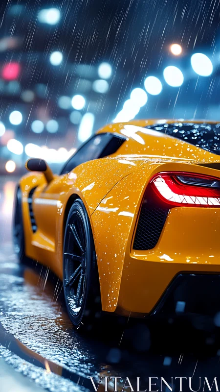 Yellow supercar cuts wet neon street under night rain.