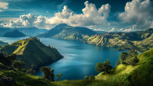 Emerald ridges cradle a sapphire mountain lake in sunlight.