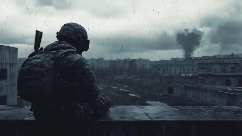 Soldier on rooftop watching distant explosion in rain.
